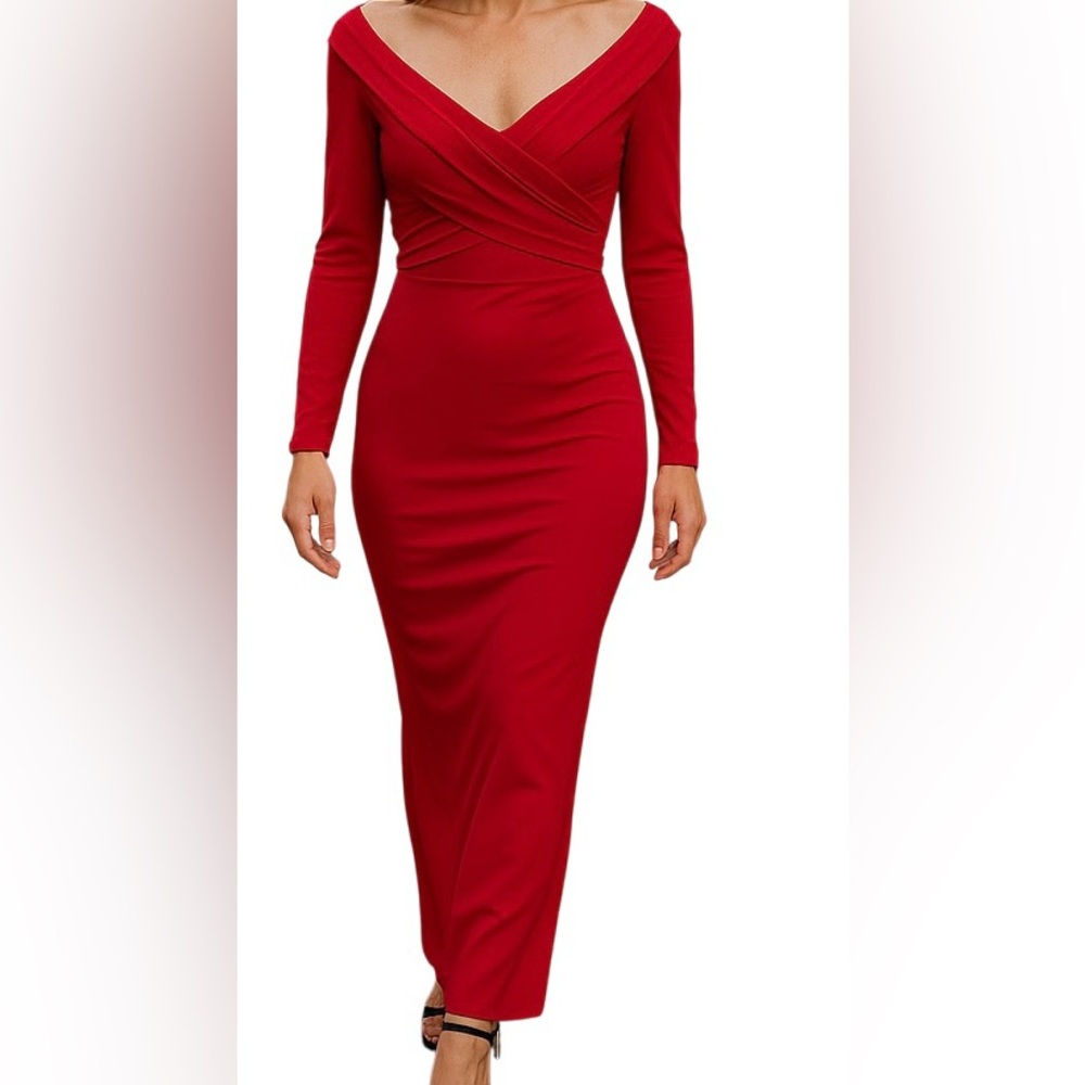 Fashion Nova Bold Red V Neck Long Sleeve Dress Woman's Size Large